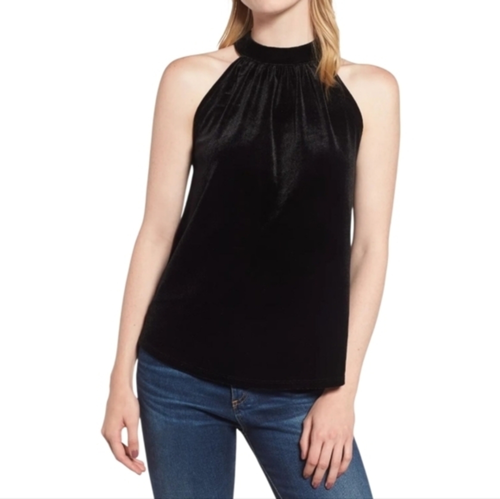 LOFT Black Velvet Halter Top Mock Neck Sleeveless Blouse Size‎ S